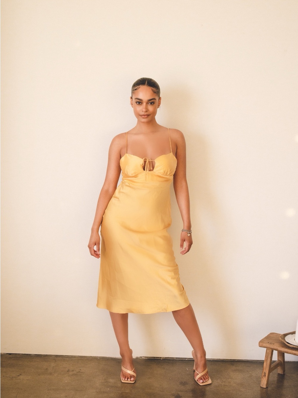Yellow Satin Slip Dress with Spaghetti Straps